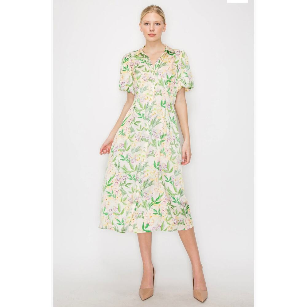 MELLODAY Floral Puff Sleeve Yellow Satin Shirtdress | S